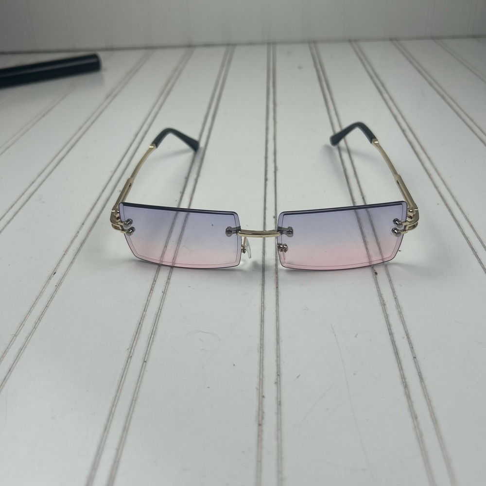 Rimless Gradient Purple Pink Rectangle Sunglasses… - image 3